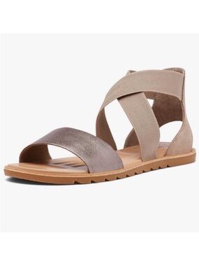 Sorel Ella II Sandals metallic leather taupe crisscross elastic straps Women’s 6